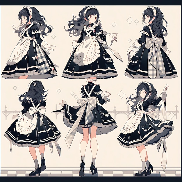 Concept d'anime de personnage Femme Petite Maid Outfit noir et blanc avec des détails de dentelle Art de feuille