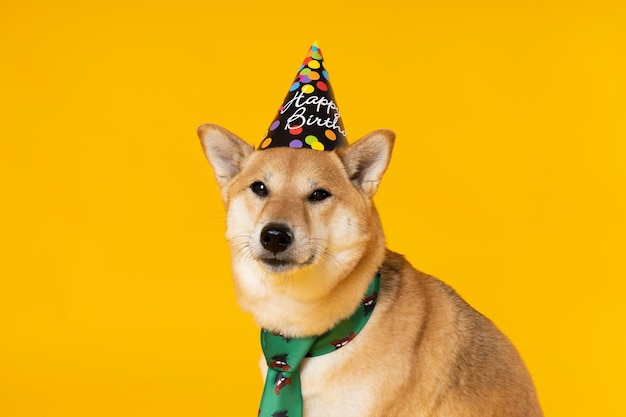 Concept d'anniversaire de chien célébrant avec un chien mignon