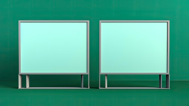 Concept d'annonce deux panneaux d'affichage verts sur fond bleu-vert pour la publicité avec écran blanc concept de modèle isolé image de maquette