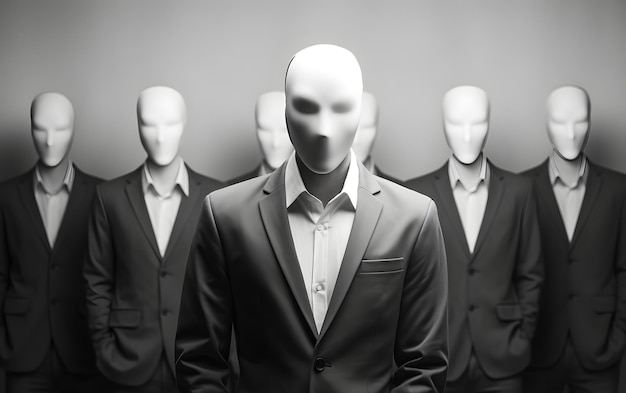 Concept d'anonymat mettant en vedette des inconnus debout avec des visages vierges sur fond blanc