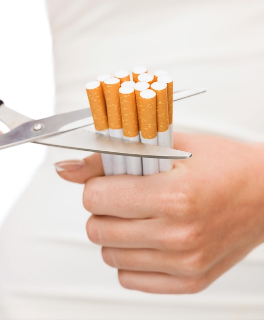 concept anti-tabac - gros plan de ciseaux coupant de nombreuses cigarettes