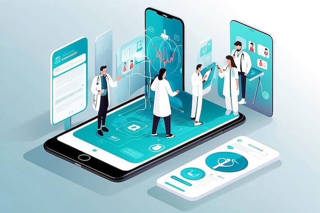 Photo concept d'application de soins de santé sur un smartphone vecteur d'équipe médicale professionnelle connectée en ligne à un patient donnant une consultation médicale