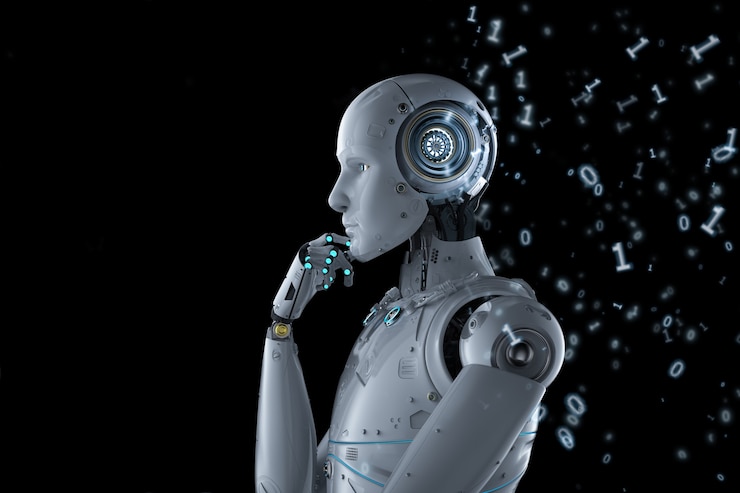 Photo concept d'apprentissage automatique avec robot pense avec code binaire