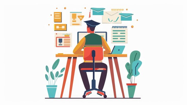 Concept d'apprentissage électronique d'éducation virtuelle Homme étudiant en ligne communiquant avec le tuteur sur webinar Illustration moderne graphique plate isolée sur fond blanc