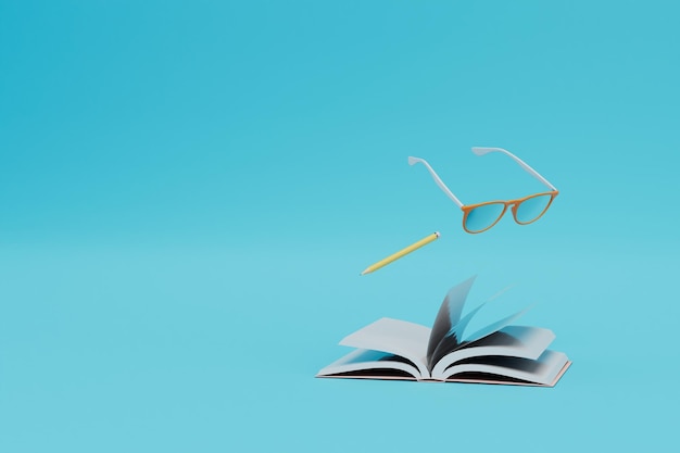 Concept d'apprentissage lunettes crayon et livre ouvert sur un fond bleu copier coller copie espace rendu 3d