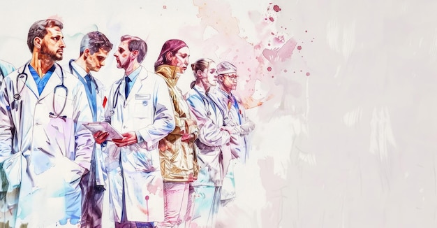 Un concept d'aquarelle lumineux pour la fête du Travail avec des médecins de l'hôpital. Idée pour une bannière avec un espace de copie.