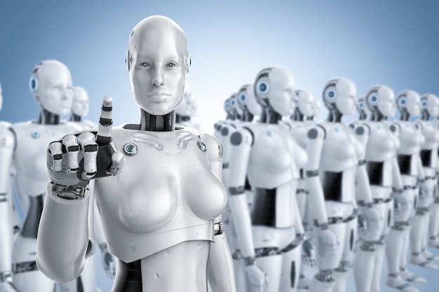 Concept d'armée de cyborg féminin avec groupe de rendu 3d de cyborgs ou de robots féminins d'affilée