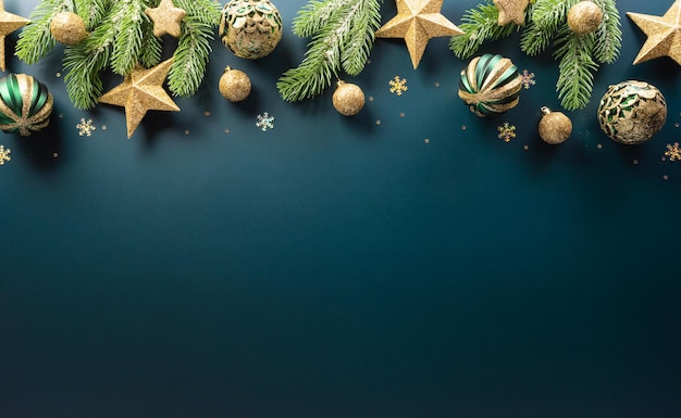Concept d'arrière-plan de Noël et du nouvel an Vue de dessus de boule de Noël étoile de brance de Noël et flocon de neige sur fond sombre