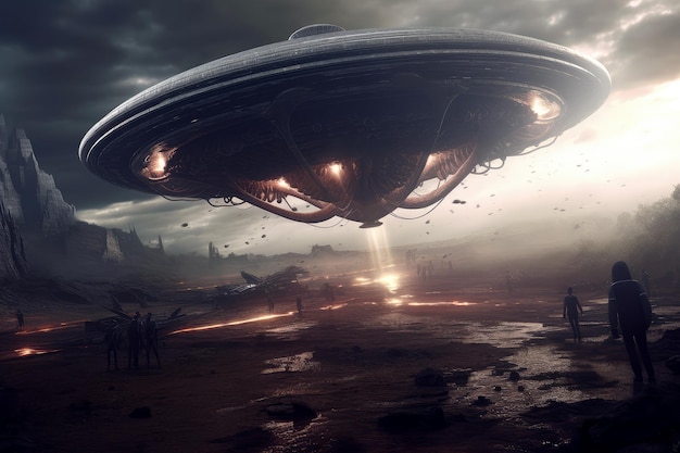 Concept d'arrivée extraterrestre OVNI dans une ville ciel sombre gros plan extrême IA générative