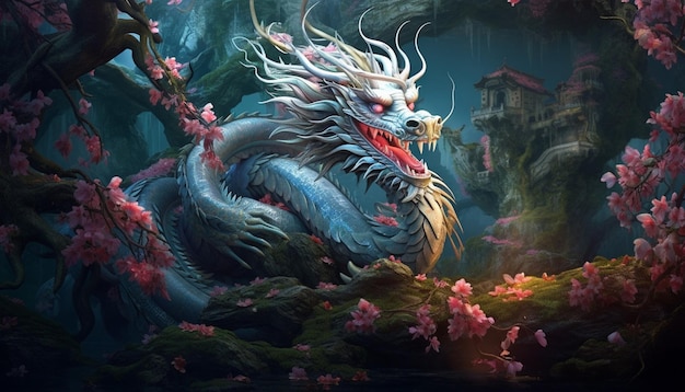 Un concept d'art fantastique montrant un dragon chinois gardant une perle mystique