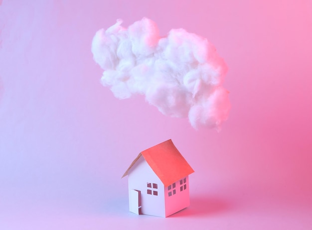 Concept art Hause et nuage moelleux flottant Bleu néon rose lumière dégradée Idée créative Concept art Minimalisme Surréalisme