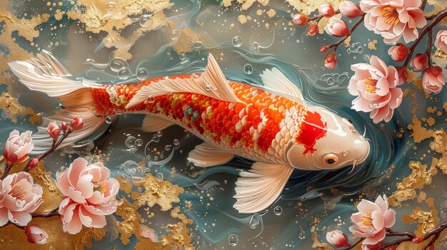 Photo le concept d'art oriental de luxe existe sous la forme d'une illustration moderne avec un fond de sakura fleurs vagues de l'océan et poisson carpe koi c'est une œuvre d'art moderne avec une texture dorée