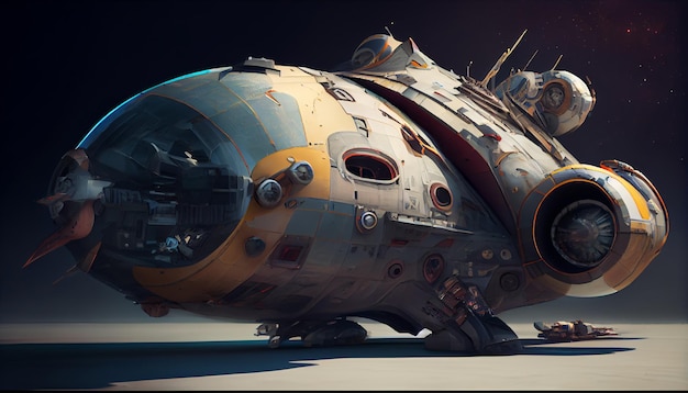Un concept art d'un vaisseau spatial avec un grand cockpit et un grand nombre de fenêtres.