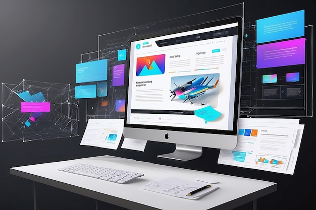 Photo concept d'assemblage d'une page web à partir de modules qui volent autour de l'écran