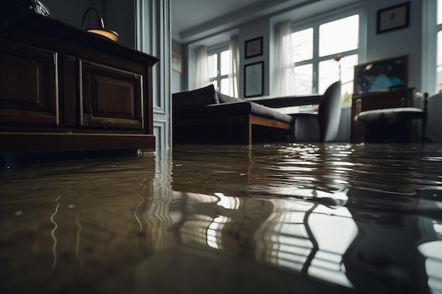 Concept d'assurance intérieure d'une maison en salle de séjour inondée