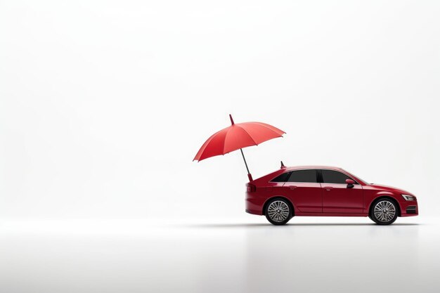 Photo concept d'assurance voiture voiture avec parapluie sur fond blanc espace de copie