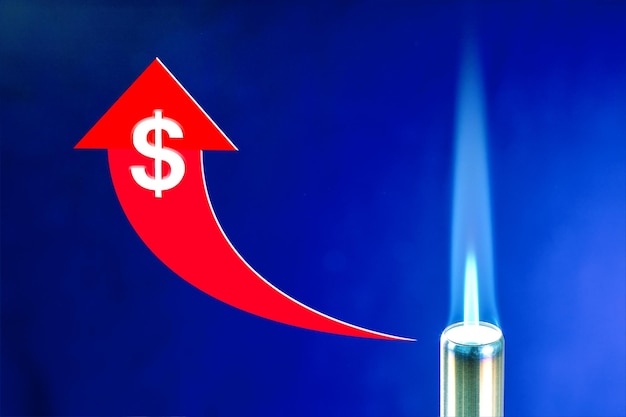 Concept d'augmentation du prix du gaz Flamme de gaz bleu et flèche vers le haut avec signe dollar