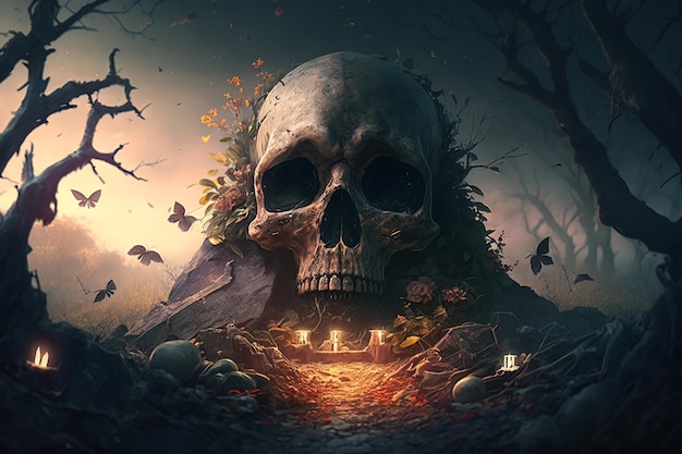 Concept d'autel de sacrifice rituel de magie noire Grand crâne et bougies dans une forêt sombre et sombre Halloween illustration ai générative gothique