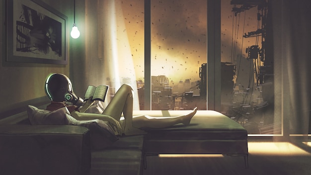 concept d'auto-quarantaine, une fille portant un masque à gaz allongée sur le canapé lisant un livre dans sa chambre, style art numérique, peinture d'illustration