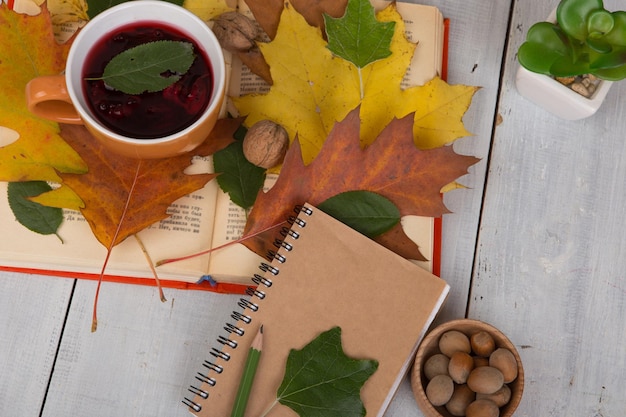 Concept d'automne au repos tasse de thé avec des feuilles colorées d'automne bloc-notes crayon et livre