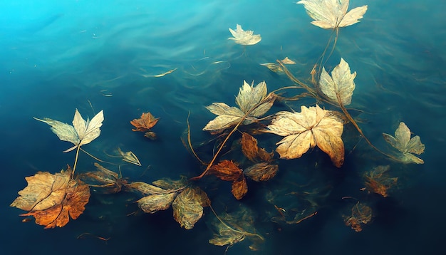 Concept d'automne Couleurs d'automne Feuille d'or en gouttes d'eau sur un fond bleu aquarelle