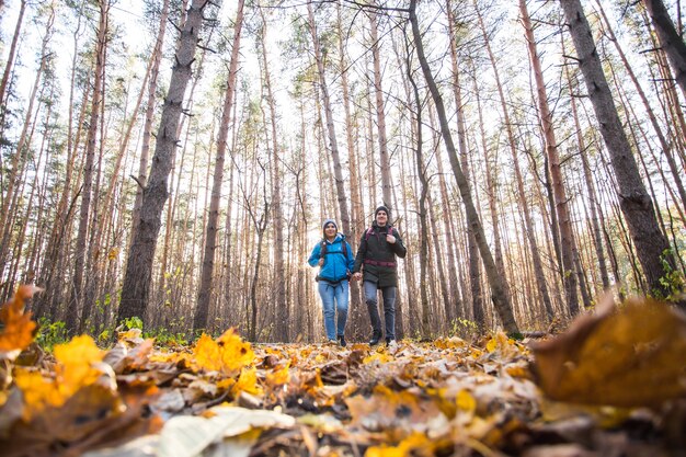 Concept d'aventure, de voyage, de tourisme, de randonnée et de personnes - couple souriant marchant avec des sacs à dos sur fond naturel d'automne.