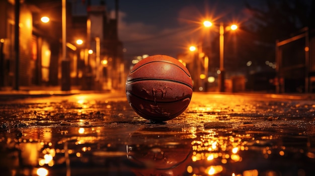 Photo concept de ballon de basket debout isolé sur fond de ville