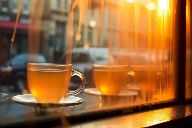 Concept BannerDe nombreux grains de café sont déposés sur des tonneaux en bois et tout autour et il y a une tasse de café