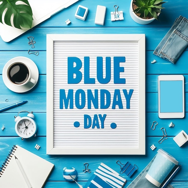 Concept de bannière du lundi bleu Tableau blanc avec texte lundi Bleu sur fond bleu en bois vue supérieure