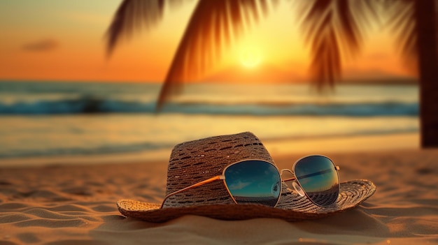 concept de bannière de voyage d'été joyeuses fêtes sur la plage de sable tropical chapeau panama et lunettes de soleil