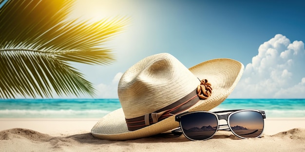 Concept de bannière de voyage de vacances et d'été Joyeuses fêtes sur la plage de sable de la mer tropicale Panama chapeau et lunettes de soleil avec un reflet de la plage de sable tropicale et des palmiers