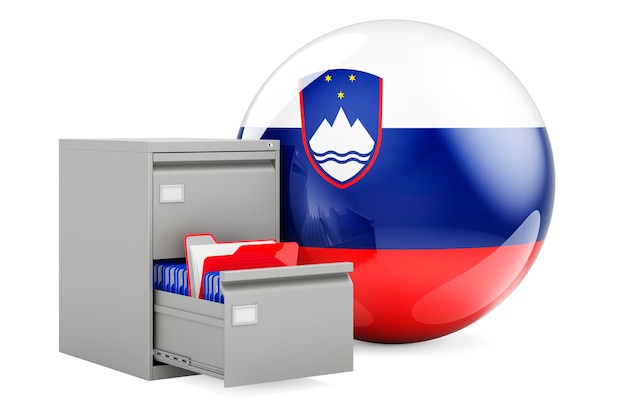 Concept de base de données en Slovénie Dossiers dans un classeur avec rendu 3D du drapeau slovène