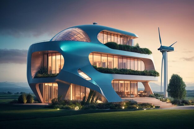 Photo concept de bâtiment durable avec une maison à turbine éolienne et des ampoules de plante de style futuriste