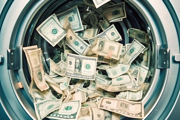 Concept de blanchiment d'argent billets en dollars dans la machine à laver Generative AI