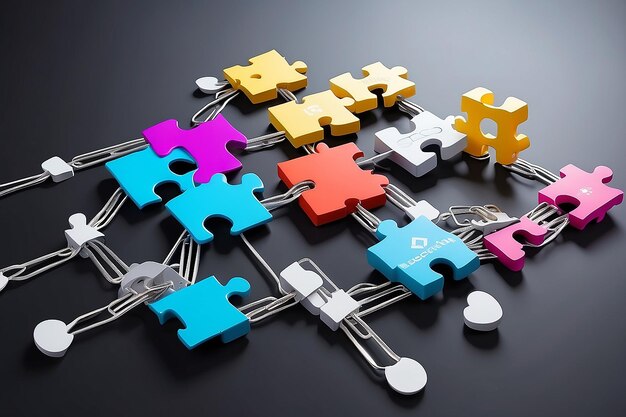 Photo concept de blockchain concept de technologie blockchain représenté avec des pinces à papier et des pièces de puzzle
