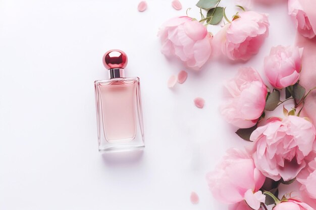 Photo concept de blog de beauté et de mode femmes élégantes bouteille de parfum rose et roses fleurs près d'elles