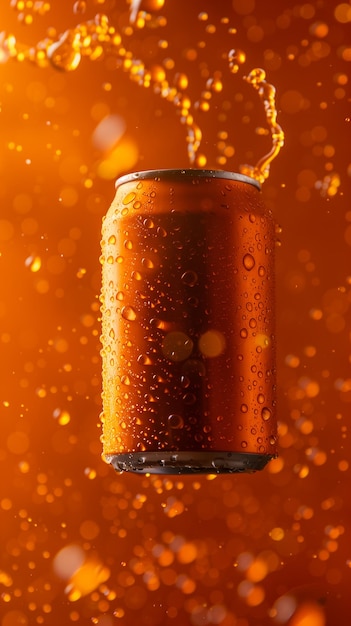 Photo un concept de boisson rafraîchissante avec une boîte de soda orange qui explose dans une explosion de fizz