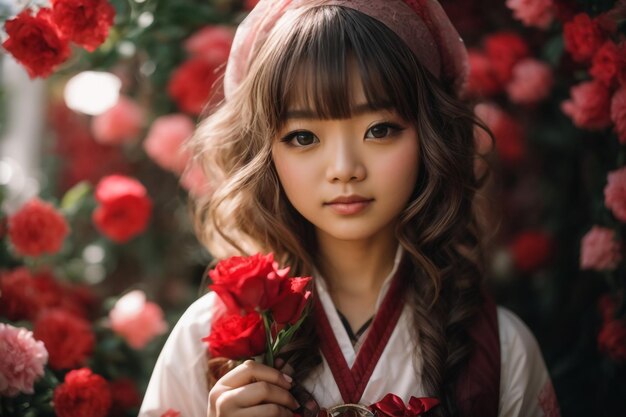 Le concept de bonheur des gens La petite fille heureuse avec une rose dans des vêtements rouges