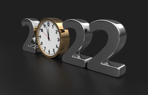 Concept de bonne année 2022 avec horloge, isolé sur fond noir. rendu 3D