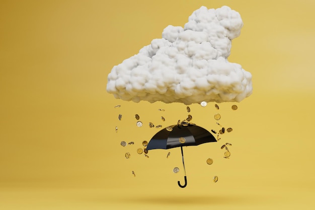 Le concept de bons revenus un parapluie nuage et pluie de pièces en dollars sur un rendu 3D de fond jaune