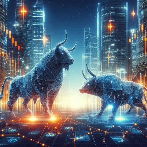 concept de bourse ou de technologie financière polygone taureau et ours avec futuriste