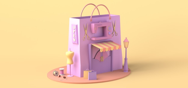 Concept de boutique de vêtements de mode avec mannequin et sac à provisions. Espace de copie. illustration 3D.