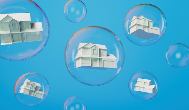 Concept de bulle de logement Maison blanche dans une bulle transparente Rendu 3D de crise immobilière