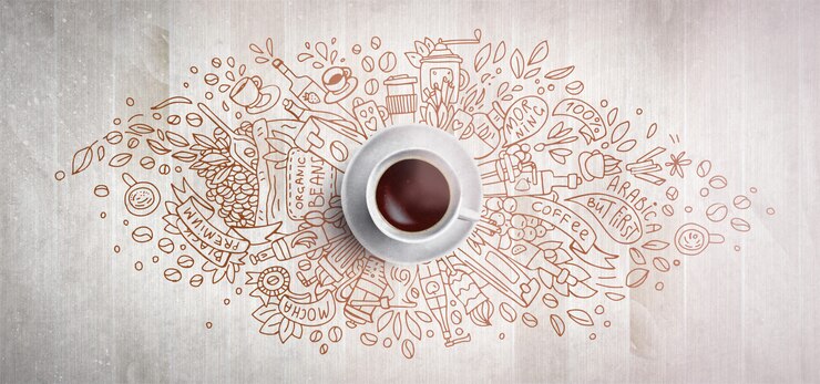 Photo concept de café sur fond en bois - tasse à café blanche, vue de dessus avec illustration de doodle de café, grains, matin, expresso au café, petit déjeuner. café matinal. dessiner à la main et illustration de café