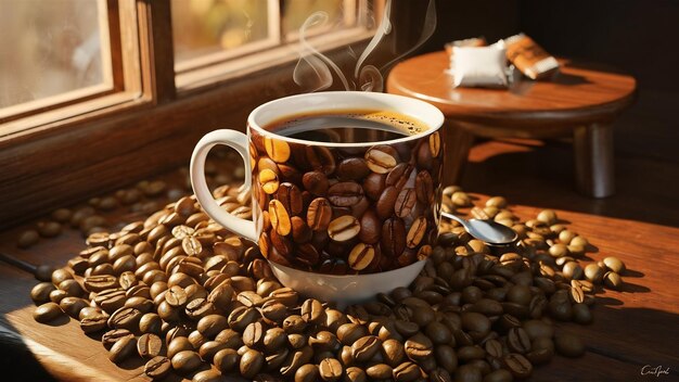 Concept de café avec une tasse sur des grains de café