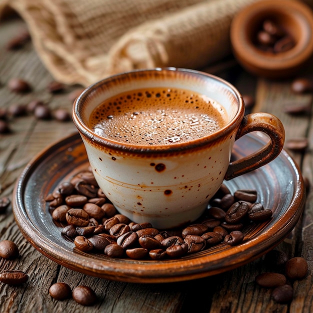 Concept de café turc tasse de café avec des grains de café sur fond de bois