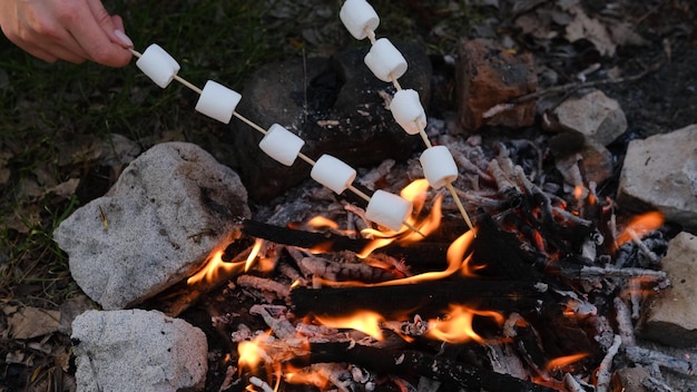 Concept De Camping Et De Pique-nique Gros Plan De Personnes Faisant Frire Des Guimauves En Feu Dans La Forêt