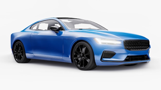 Concept car coupé premium sport. Voiture bleue sur fond blanc. Hybride rechargeable. Technologies de transport respectueux de l'environnement. rendu 3D.