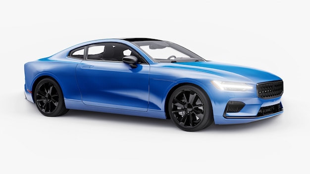 Concept car coupé premium sport. Voiture bleue sur fond blanc. Hybride rechargeable. Technologies de transport respectueux de l'environnement. rendu 3D.