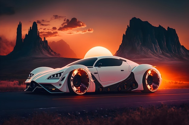 Concept car fantastique dans les montagnes au coucher du soleil